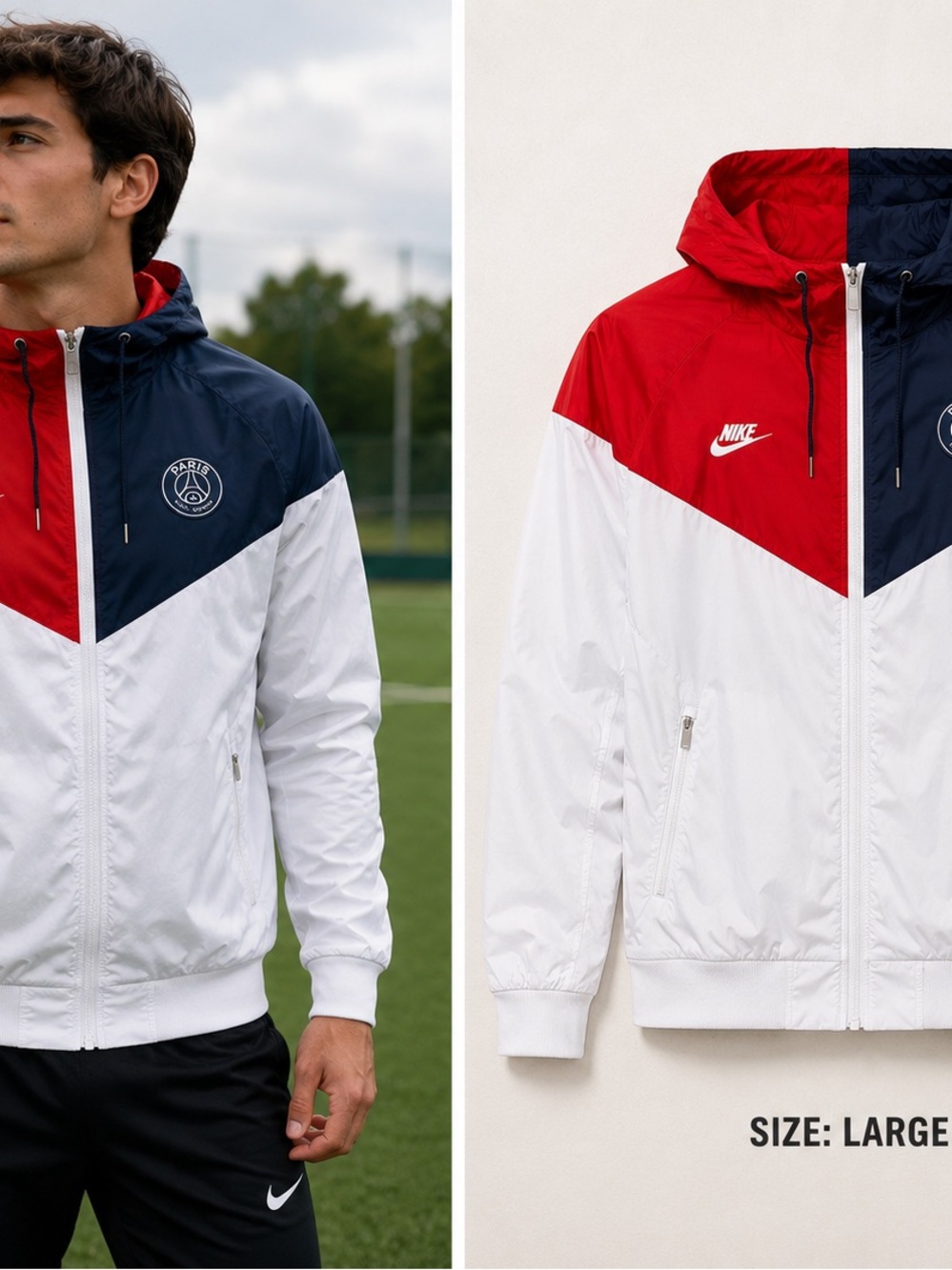 🆕 Rare Nike PSG Windrunner Jacket Men’s Large White Red Navy Paris Saint-Germain